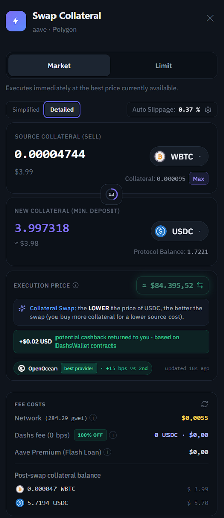Swap Collateral screen on DashsWallet showing 0.37% auto slippage, execution price of $84,395.52, OpenOcean as best provider and $0.0055 of network cost